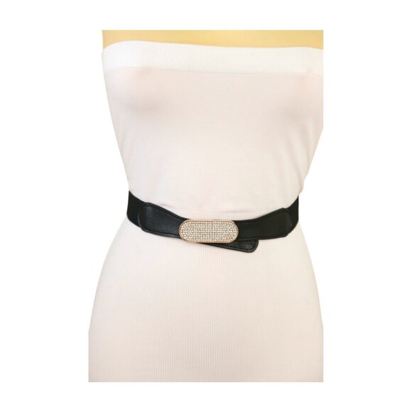 New Fun Women Black Stretch Waistband Fashion Belt Gold Oval Bling Buckle S M - Picture 9 of 17